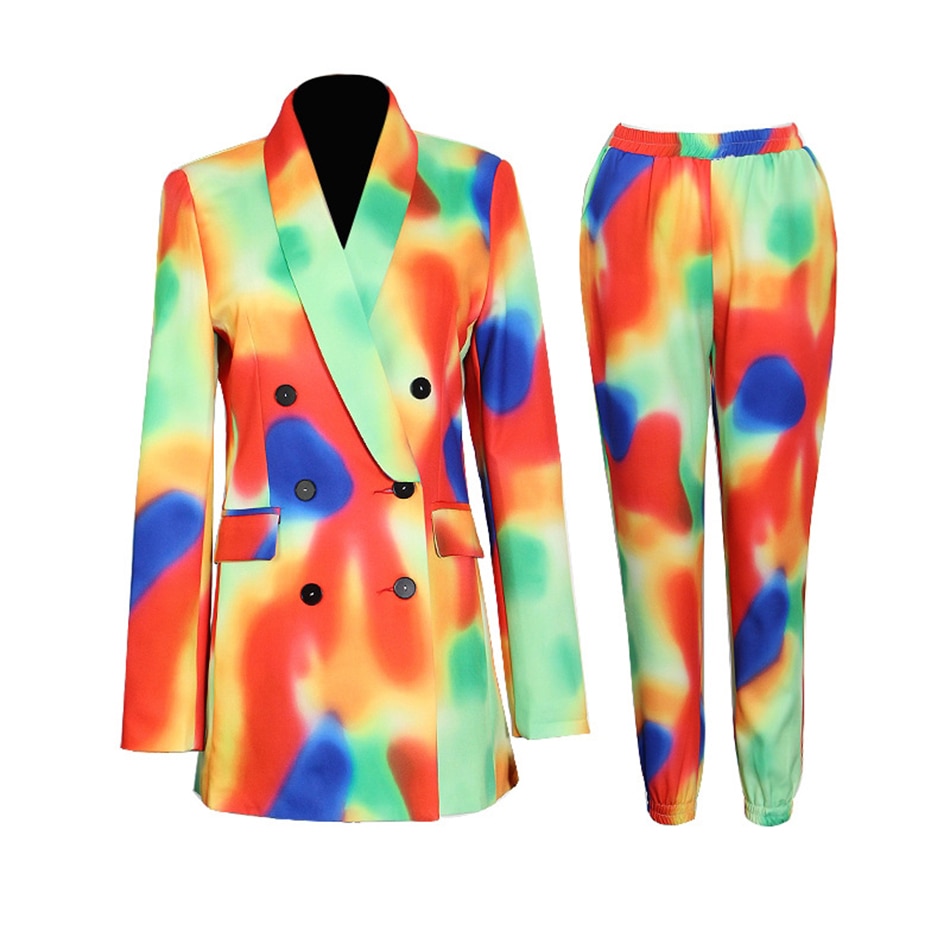 Fashion Lapel Double Breasted Tie-Dye Jacket & Pants Two-Piece Set - Furdela