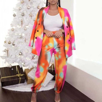 Fashion Lapel Double Breasted Tie-Dye Jacket & Pants Two-Piece Set - Furdela