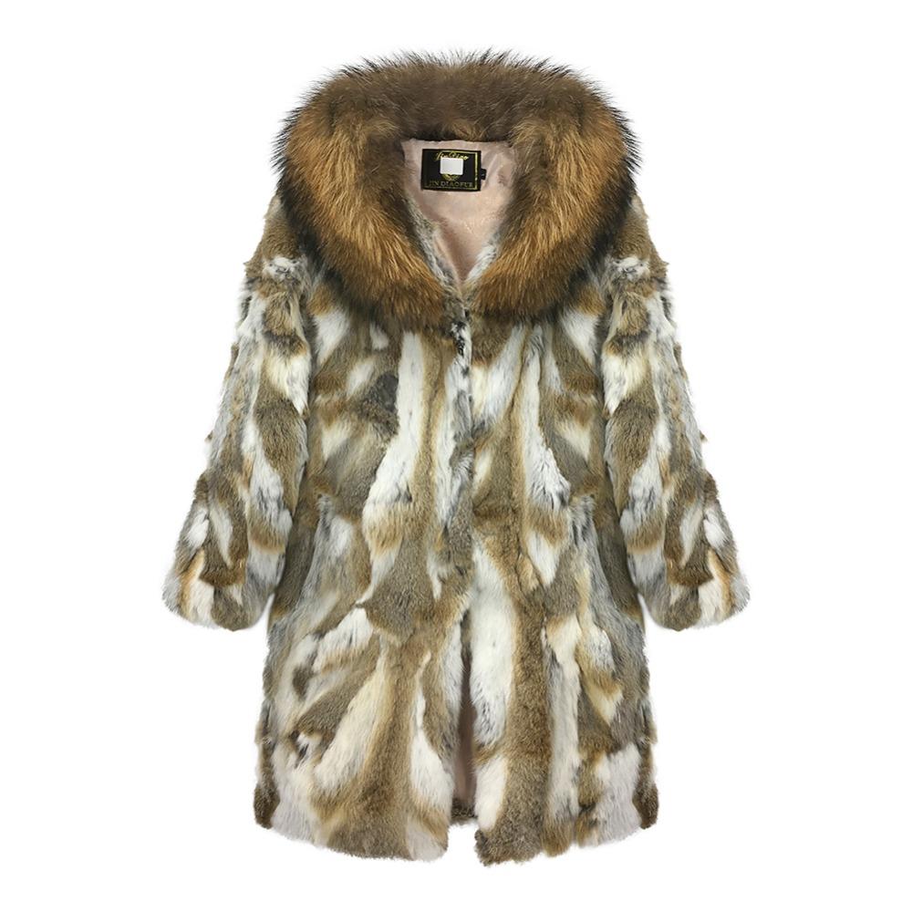 Rabbit Fur Coat With Big Raccoon Fur Collar - Furdela
