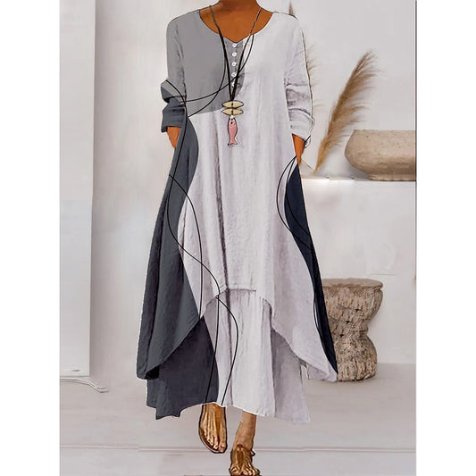 Women s Color Block Long Maxi Dress Button Layered Casual Dress Swing Dress Print Dress Fashion Modern Daily Vacation Weekend 3/4 Length Sleeve Crew Neck Dress Loose Fit Silver Black White AS301