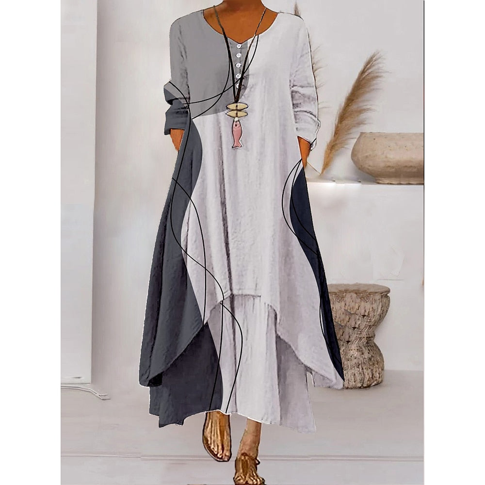 Women s Color Block Long Maxi Dress Button Layered Casual Dress Swing Dress Print Dress Fashion Modern Daily Vacation Weekend 3/4 Length Sleeve Crew Neck Dress Loose Fit Silver Black White AS301
