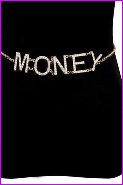 Punk Vintage Gold Multi Layered Crystal Letter MONEY Pendant Body Chain F423 - Furdela