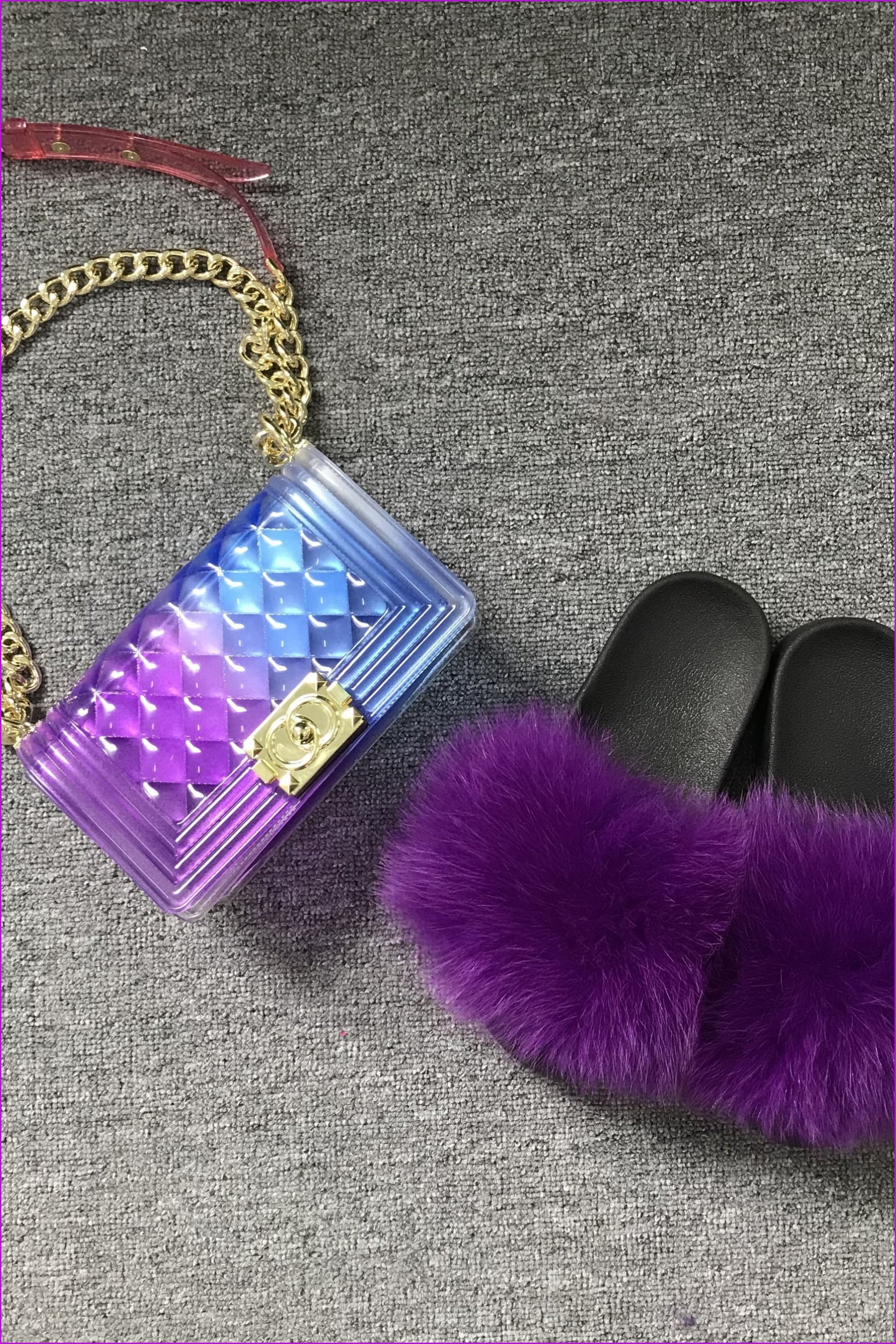 Purple And Blue Jelly Shoulder Bag And Slides Set - Furdela