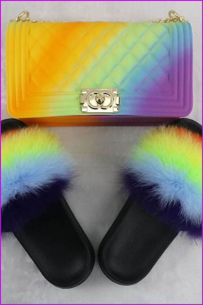 Purple Blue Green Yellow Orange Fur Slides & Bag Set F727 B07 - Furdela