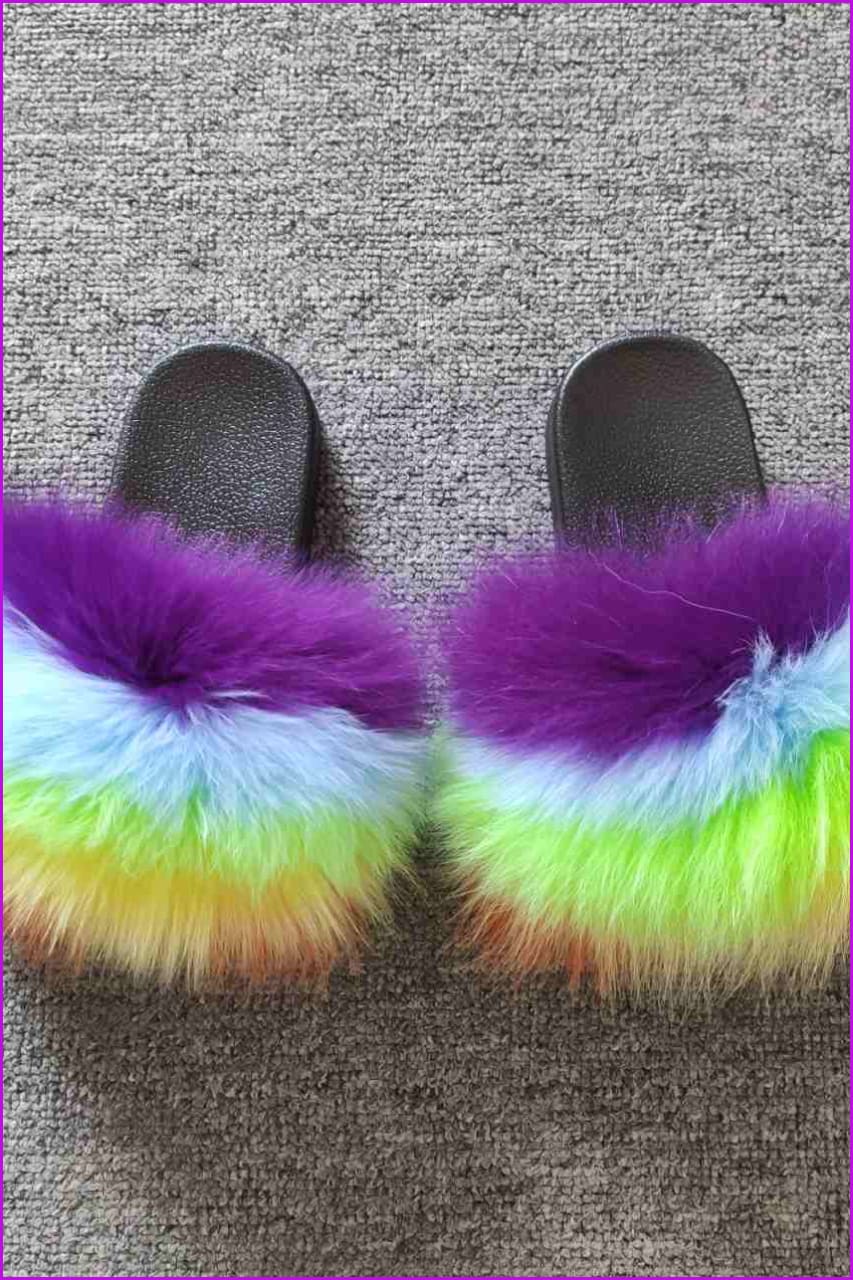 Purple Blue Green Yellow Orange Kids Fluffy Slides #7 F923 - Furdela