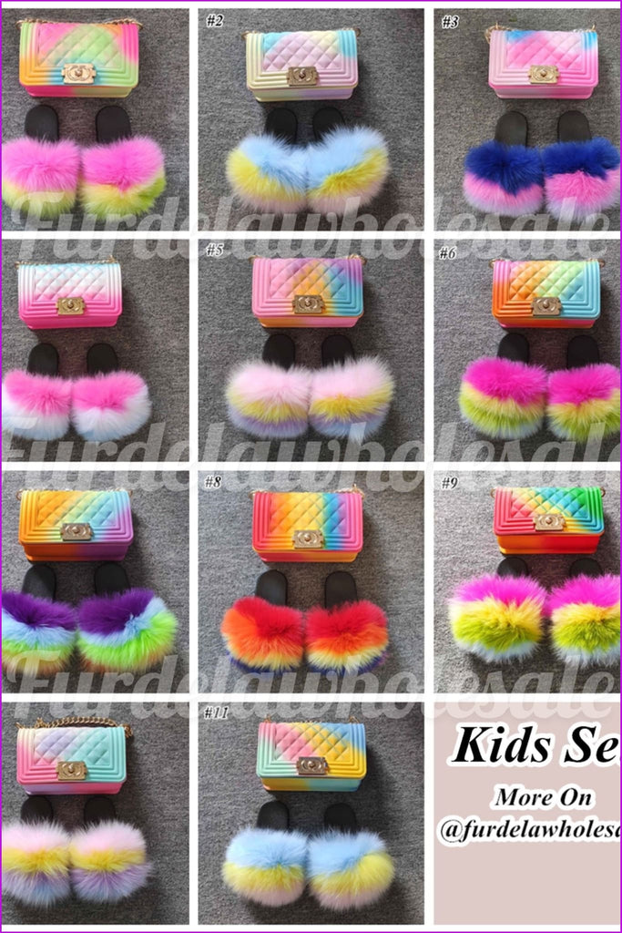 Purple Blue Green Yellow Orange Kids Fluffy Slides Purse Furdela