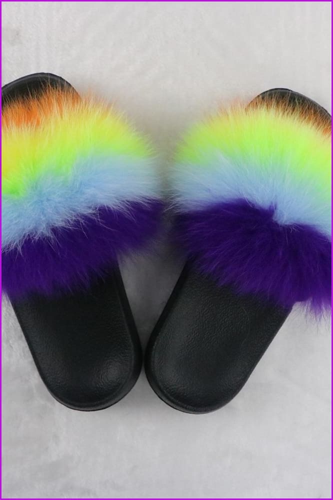 Purple Blue Green Yellow Orange Mixed Fur Slides F726-07 - Furdela