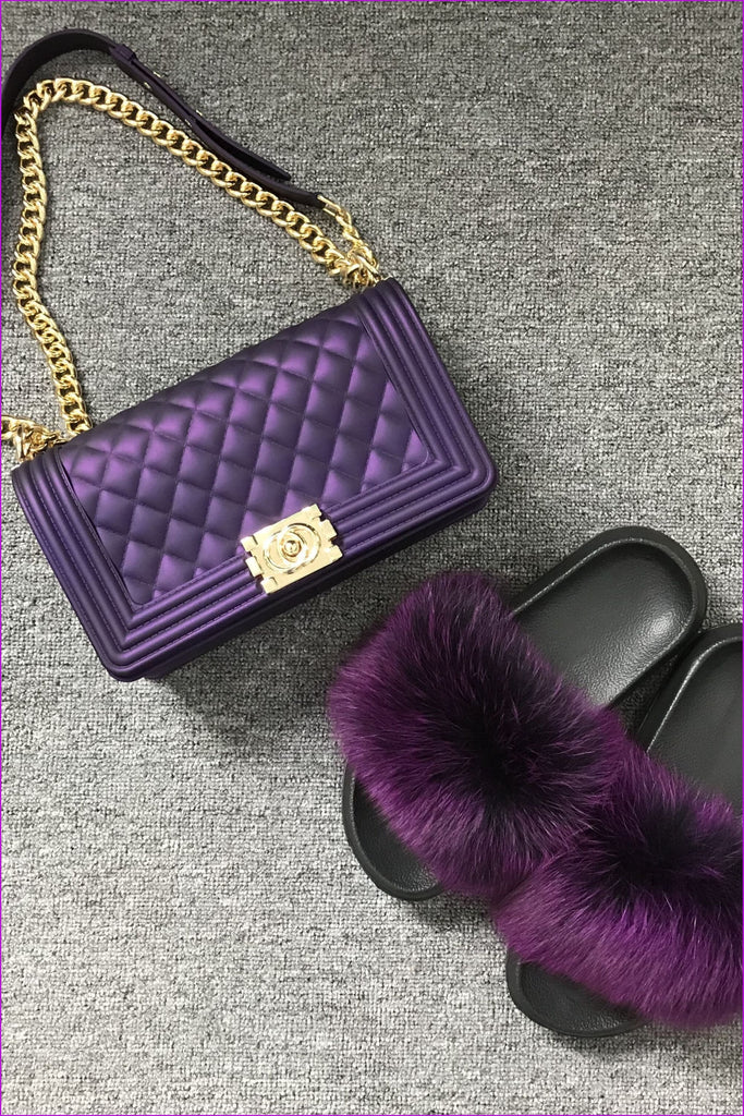 Purple Jelly Shoulder Bag And Slides Set - Furdela