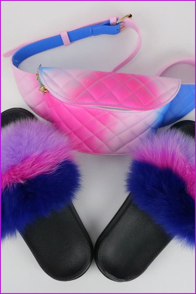 Purple Pink Blue Fur Slides & Waist Bag Set #3 F952 - Furdela