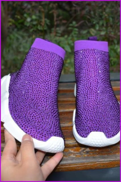 Purple Rhinestone Crystal Sock Boots Sneakers F175 - bronxriverempiregardens