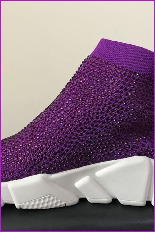 Purple Rhinestone Crystal Sock Boots Sneakers F175 - Furdela