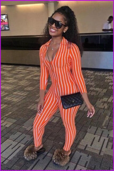 Pussy Cat Striped Printed Skinny Lady Jumpsuit Bodysuit F080 - Furdela