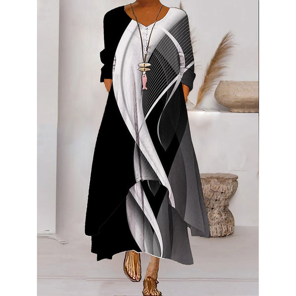 Women s Color Block Long Maxi Dress Button Layered Casual Dress Swing Dress Print Dress Fashion Modern Daily Vacation Weekend 3/4 Length Sleeve Crew Neck Dress Loose Fit Silver Black White AS301