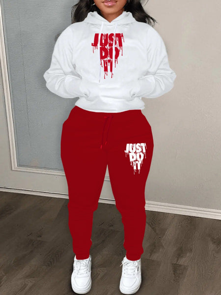 Plus Size Just Do It Letter Print Kangaroo Pocket Tracksuit Set AR802