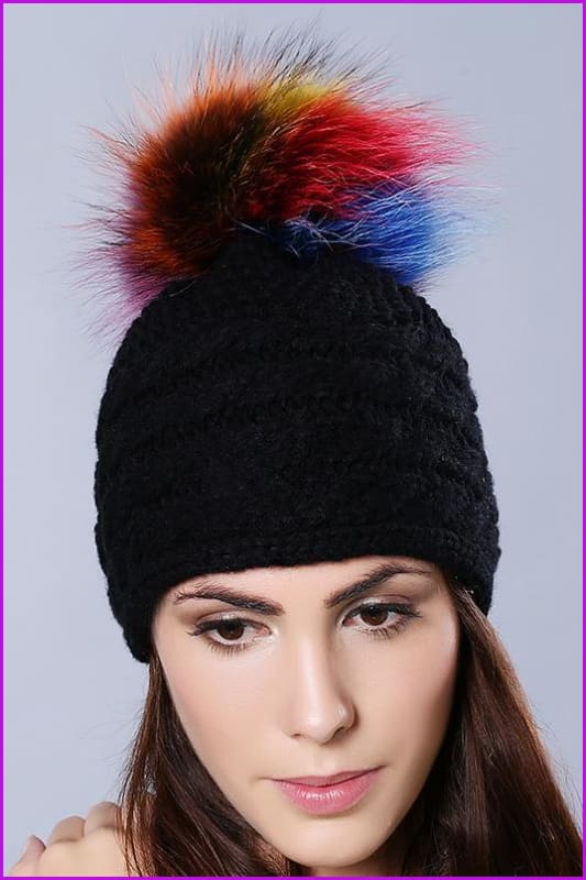 Raccoon Fur Mixcolored Pom Pom Balls Knitted Hats - Furdela