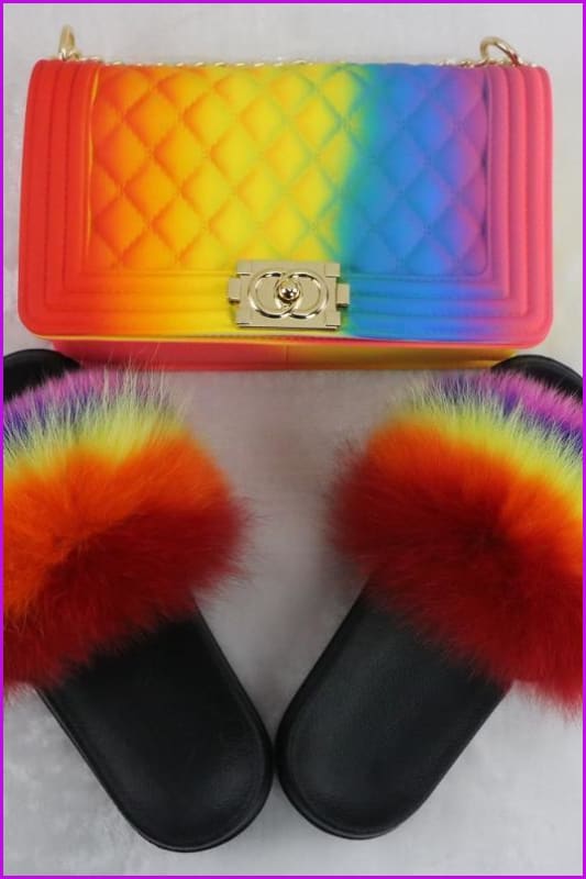 Rainbow Color Fur Slides & Bag Set F727 B08 - Furdela