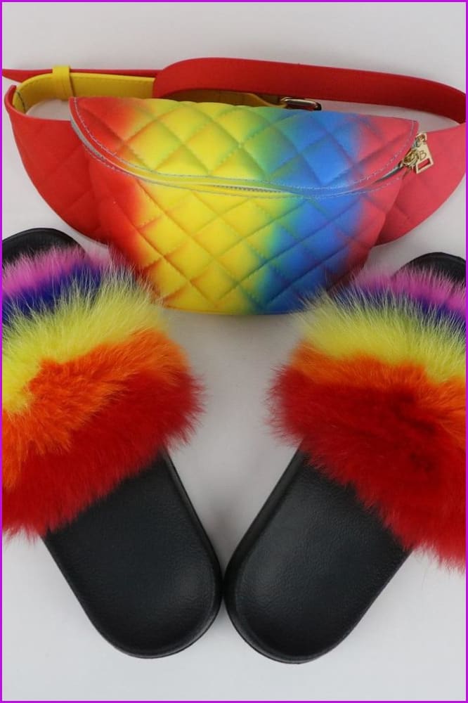 Rainbow Color Fur Slides & Waist Bag Set #8 F952 - Furdela