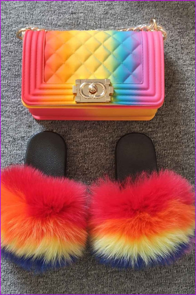 Rainbow Color Kids Fluffy Slides & Purse Set #8 F873 - Furdela