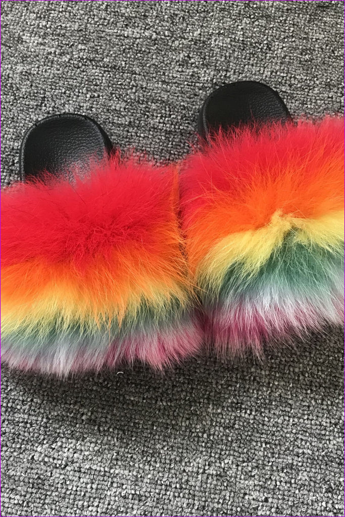 Rainbow Color Kids Fox Fur Sliders F003 - Furdela Wholesale