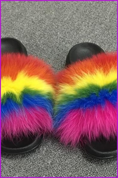 Rainbow Fox Full-Pelt Fur Sliders DF003 - Furdela