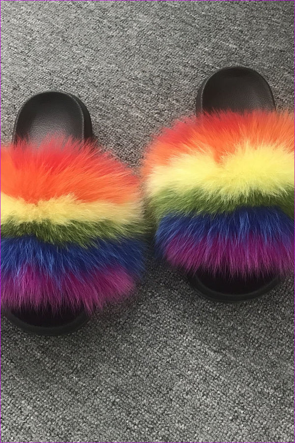 Rainbow Fox Full-Pelt Fur Sliders DF003 - Furdela