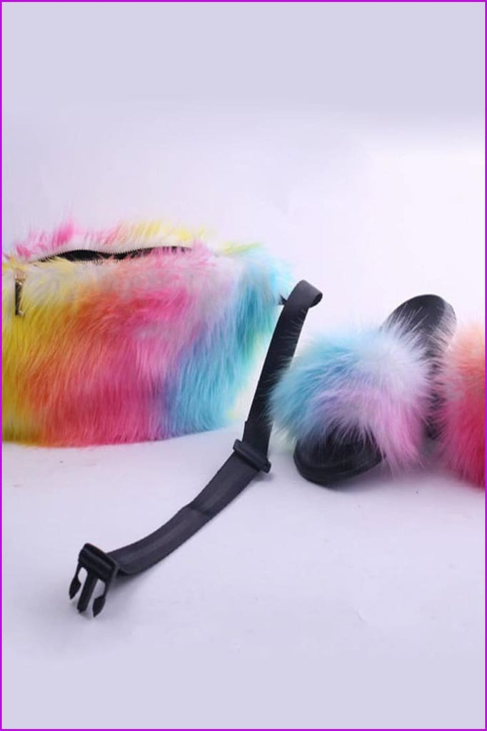 Rainbow Fur Slides with Matching Shoulder Bag F755 - Furdela