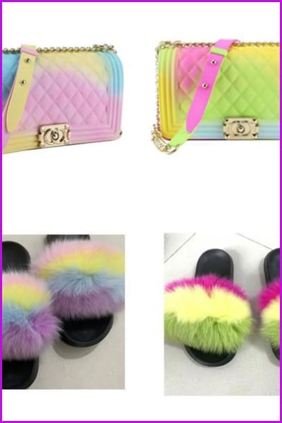 Rainbow Jelly Shoulder Bag And Fur EVA Slides Set - Furdela