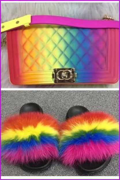 Rainbow Jelly Shoulder Bag And Slides Set - Furdela Wholesale