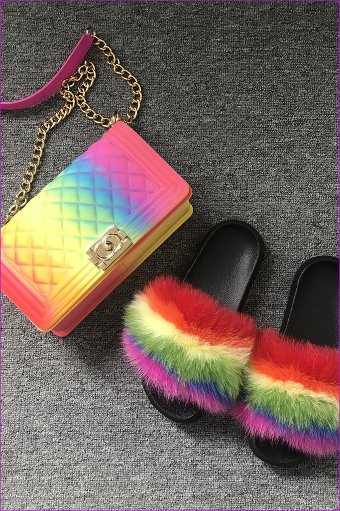Rainbow Jelly Shoulder Bag And Slides Set - Furdela Wholesale
