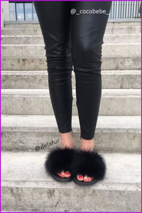 { Ready Stock } Black Fox Full-Pelt Fur Sliders DF003 - Furdela