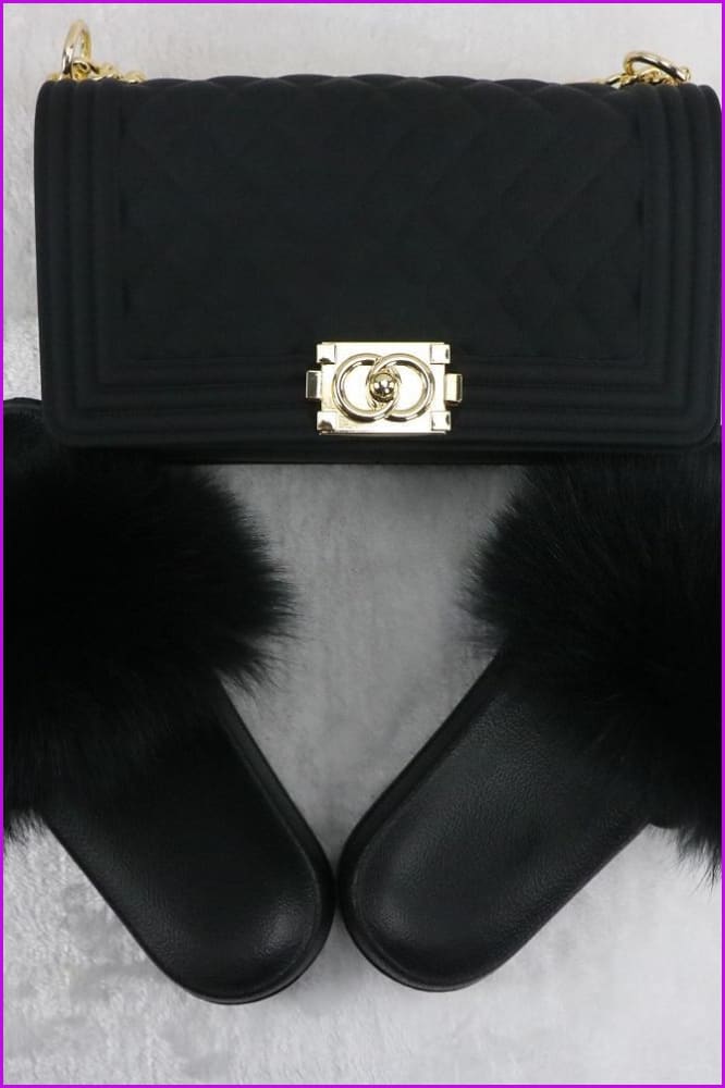 Ready Stock Black Fur Slides & Bag Set F735 - Furdela