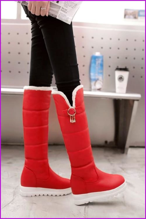 [Ready Stock] Black/White/Red Faux Fur Winter Warm Boots F310 - Furdela