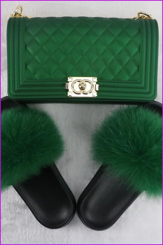 Ready Stock Dark Green Fur Slides & Bag Set F735 - Furdela