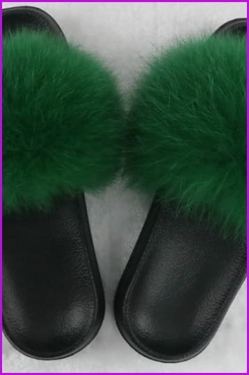 Ready Stock Dark Green Fur Slides F725 - Furdela