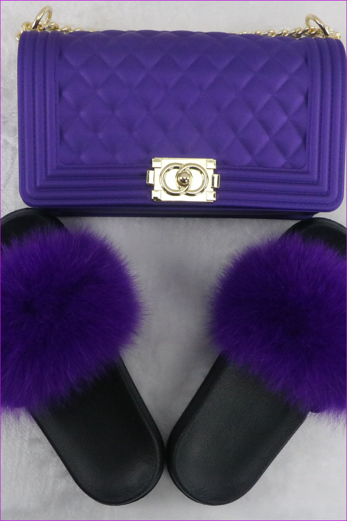 Ready Stock Dark Purple Fur Slides & Bag Set F735 - Furdela