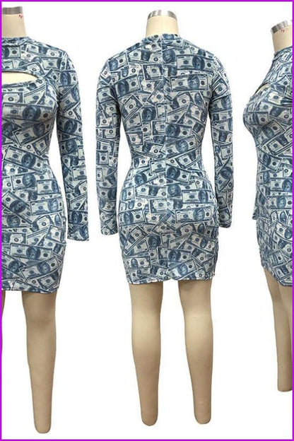 { Ready Stock } Dollar Money Print Bodycon Dress with Gloves F789 - Furdela