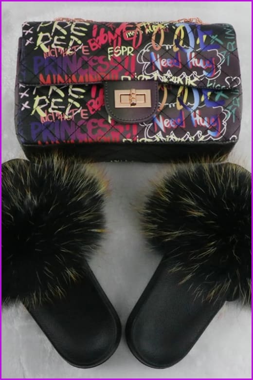 Ready Stock Graffiti Black Jelly Purse Bag & Fur Slide Set F736 - Furdela
