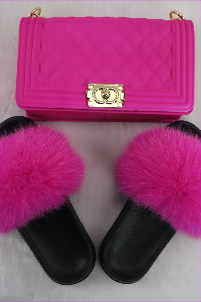 Ready Stock Hot Pink Fur Slides & Bag Set F735 - Furdela