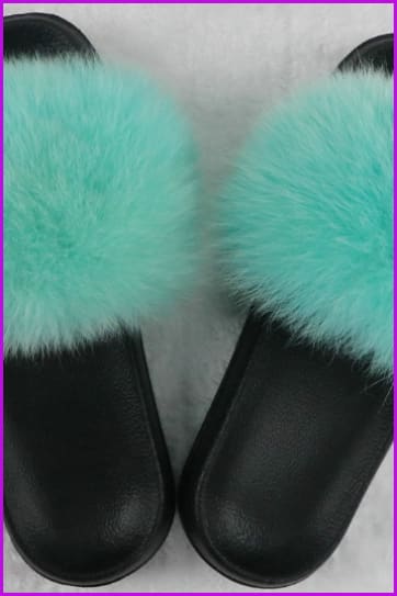 Ready Stock Mint Green Blue Fur Slides F725 - Furdela