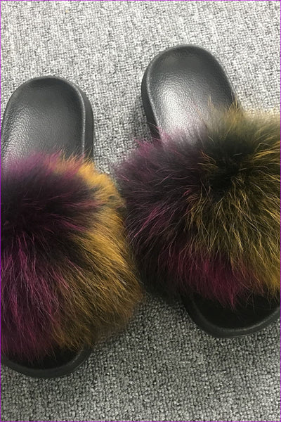 { Ready Stock } Mixed Colorful Raccoon Full-Pelt Fur Sliders F004 - Furdela