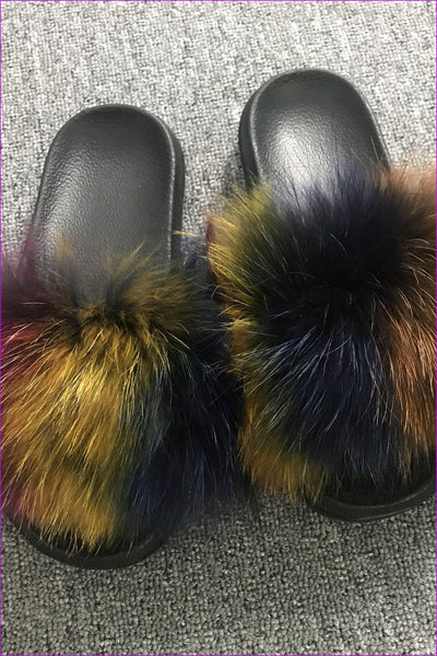 { Ready Stock } Mixed Colorful Raccoon Full-Pelt Fur Sliders F004 - Furdela