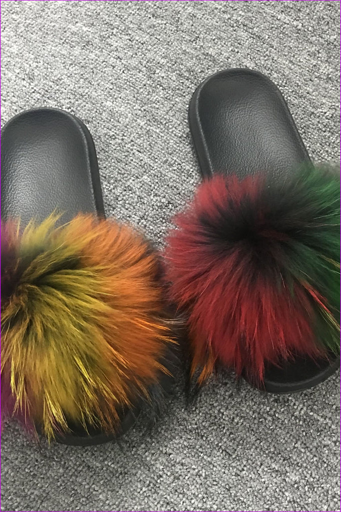 { Ready Stock } Mixed Colorful Raccoon Full-Pelt Fur Sliders F013 - Furdela