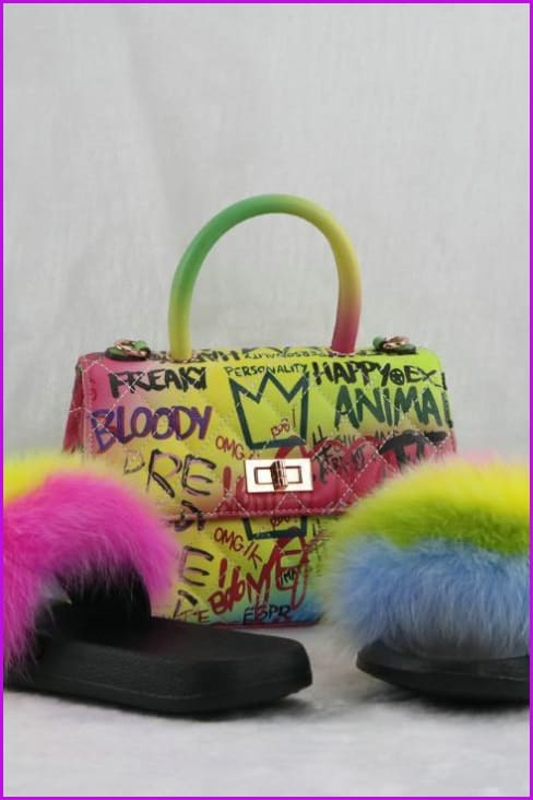 Ready Stock Mni Graffiti Green Jelly Bag & Fur Set F736 - Furdela
