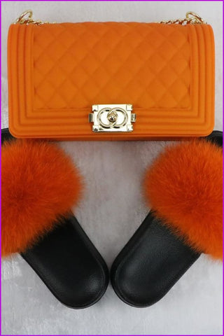 Ready Stock Orange Fur Slides & Bag Set F735 - Furdela
