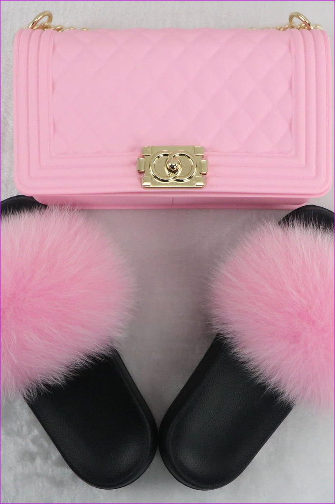 Ready Stock Pink Fur Slides & Bag Set F735 - Furdela