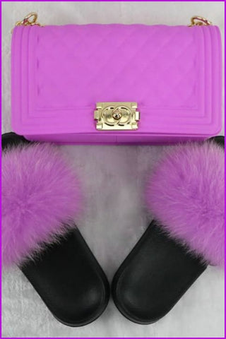 Ready Stock Purple Pink Slides & Bag Set F735 - Furdela Wholesale