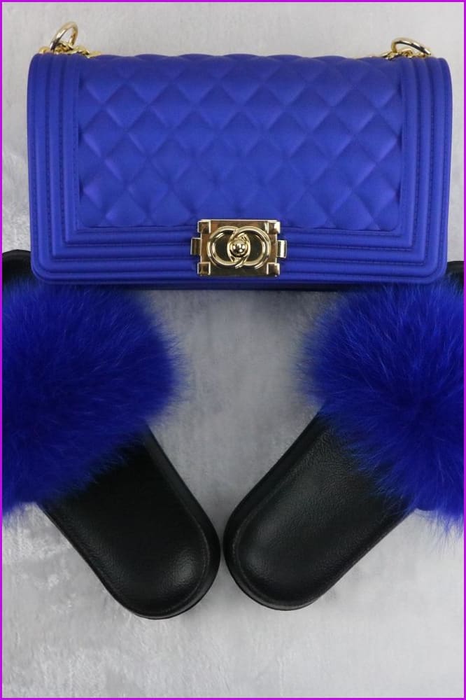 Ready Stock Royal Blue Fur Slides & Bag Set F735 - Furdela