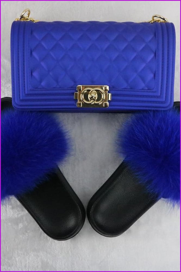 Ready Stock Royal Blue Fur Slides & Bag Set F735 - bronxriverempiregardens