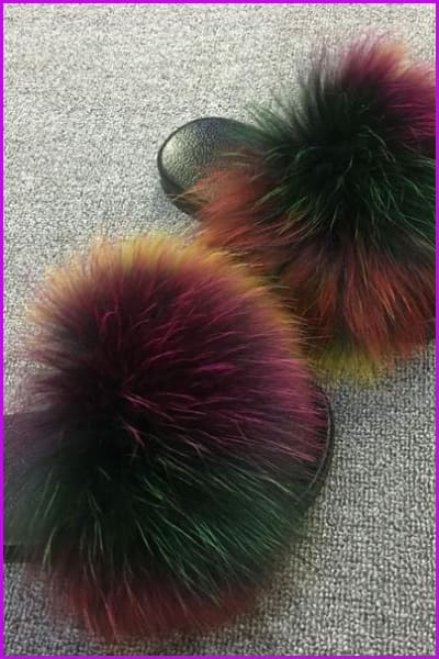 { Ready Stock } Super Fluffy Mixed Colorful Raccoon Full-Pelt Fur Sliders F136 - Furdela