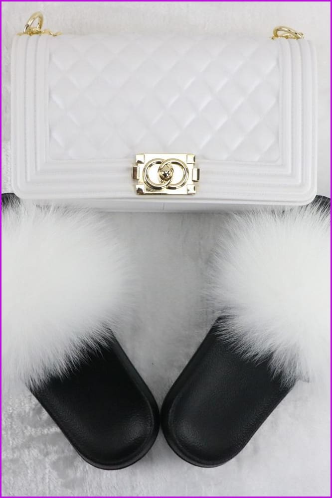 Ready Stock White Fur Slides & Bag Set F735 - Furdela